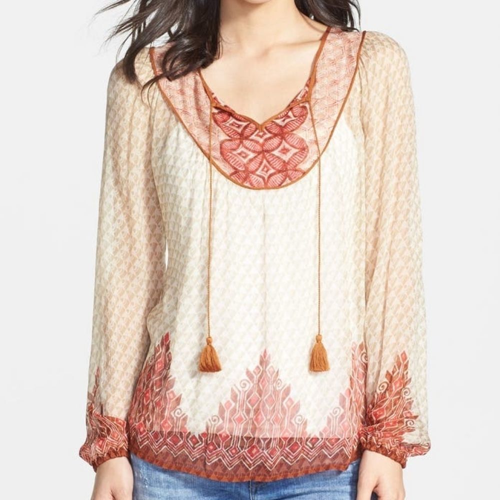 🔸️Anthropologie Rose & Olive Cream & Rust Avalon Deco Border Peasant Top Small